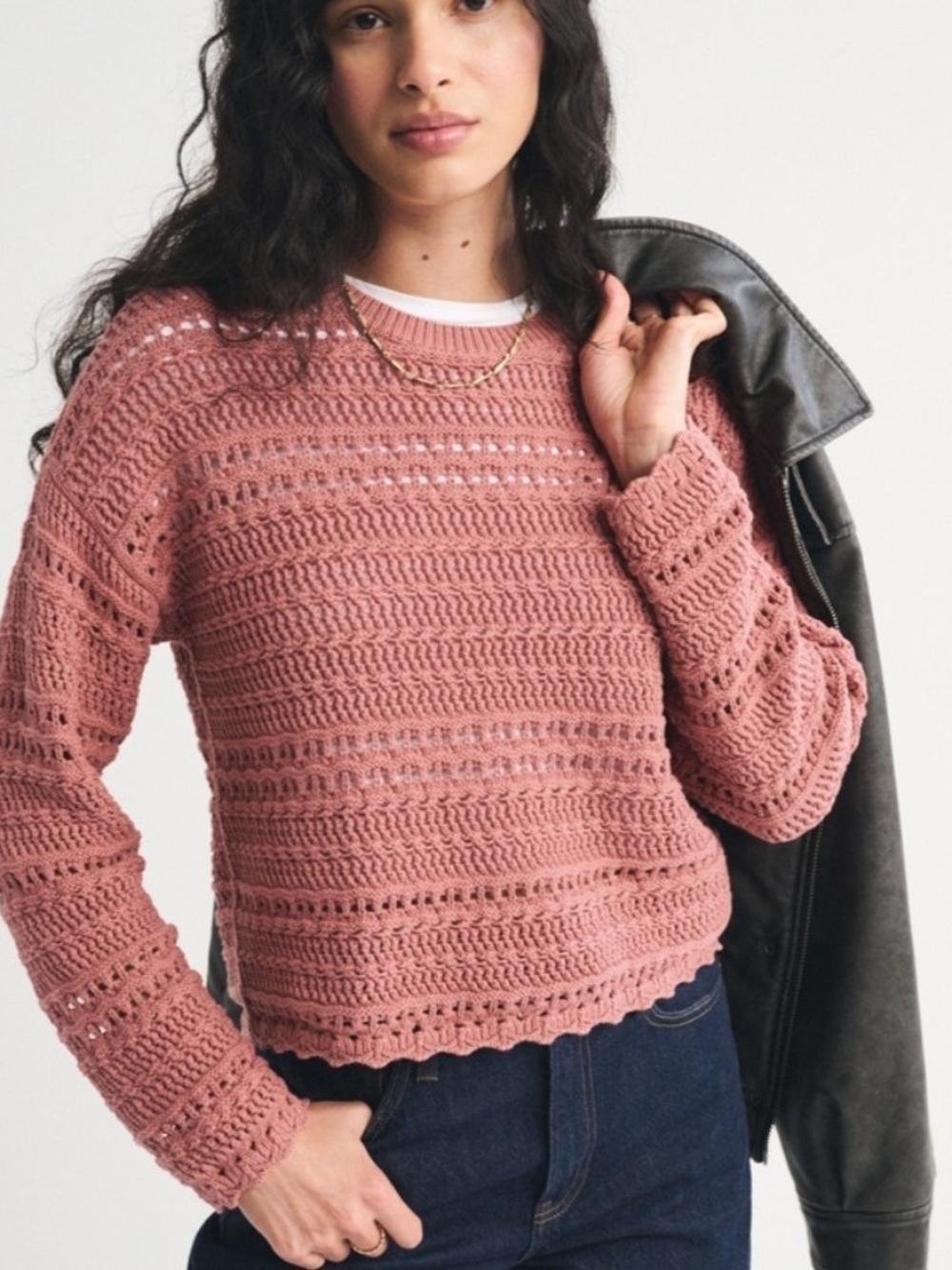 NWT Abercrombie & Fitch Textured Open Stitch Crewneck Sweater In Rose Pink - S - Picture 3 of 12